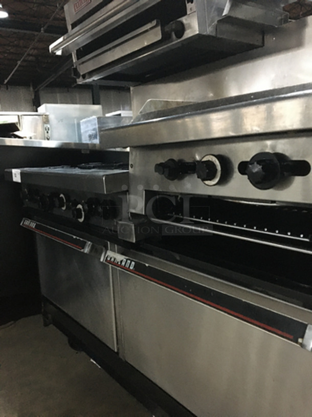 AMAZING! Garland Commercial 6 Burner Stove! With 2 Full Size Ovens Underneath! With Right Side Flat Griddle/Cheese Melter Combo! With Overhead Salamander! All Stainless Steel! On Casters! - Image 9 of 11
