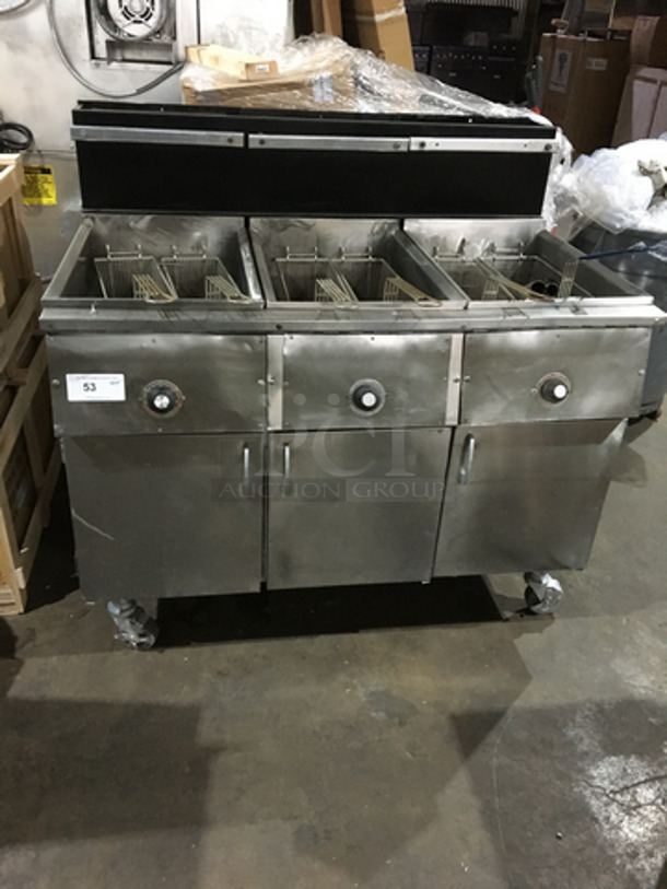 WOW! Frymaster Commercial Natural Gas Powered 3 Bay Deep Fat Fryer! With 6 Metal Frying Baskets! With Backsplash! All Stainless Steel! Model AC350SD Serial 77H1993FB! On Casters!