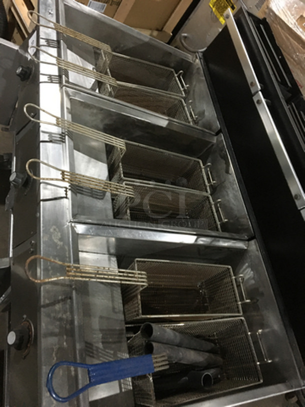 WOW! Frymaster Commercial Natural Gas Powered 3 Bay Deep Fat Fryer! With 6 Metal Frying Baskets! With Backsplash! All Stainless Steel! Model AC350SD Serial 77H1993FB! On Casters! - Image 6 of 9