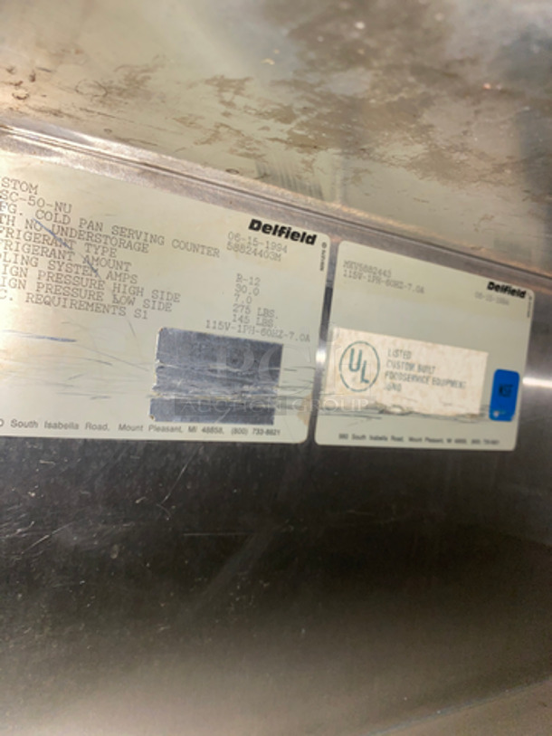 Delfield Commercial Cold Pan/Fresh Fish Display Case/Salad Bar Island/Sandwich Prep Combo! With Overhead Sneeze Guard! With 2 Storage Shelves! Model KCSC50NU! 115V 1Phase! On Casters! - Image 7 of 8