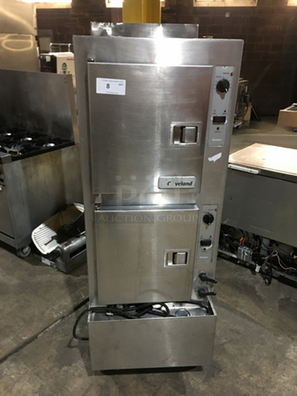 Cleveland Commercial Natural Gas Powered Dual Cabinet Steamer! All Stainless Steel! Model 24CGA10.2 Serial 1410230000196! 115V 1Phase! On Legs!