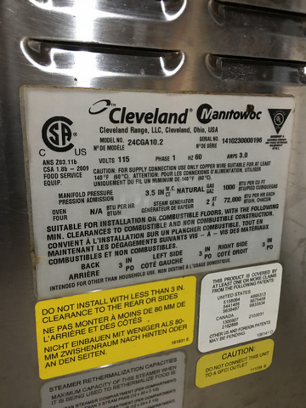 Cleveland Commercial Natural Gas Powered Dual Cabinet Steamer! All Stainless Steel! Model 24CGA10.2 Serial 1410230000196! 115V 1Phase! On Legs! - Image 8 of 9