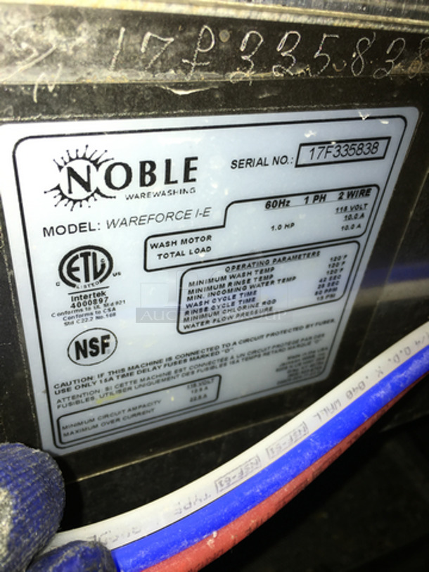 SWEET! Noble Commercial Floor Style Pass Through Dishwasher! All Stainless Steel! Model WAREFORCEIE Serial 17F335838! 115V 1Phase! On Legs! Working When Removed!
 - Image 7 of 8