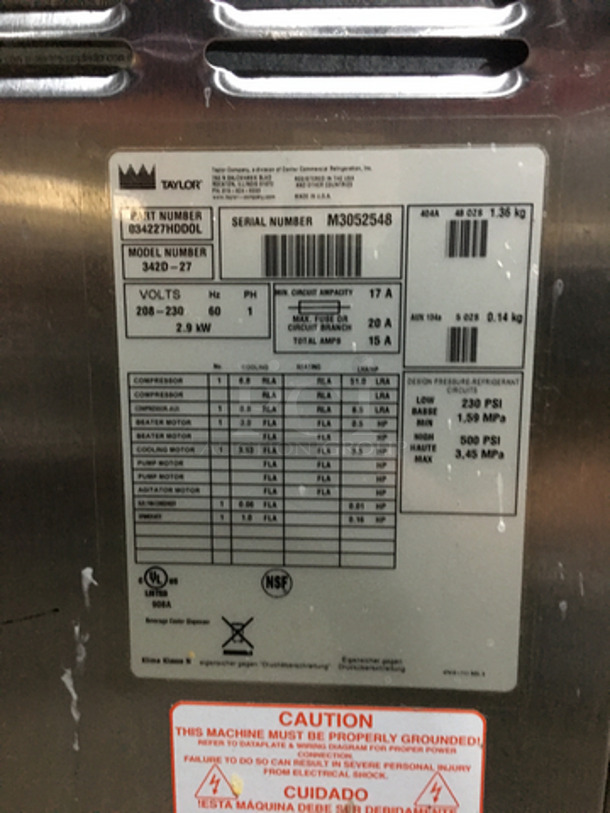 Taylor Commercial Floor Style 2 Flavor Frosty/Coolatta/Slushy Making Machine! With Milkshake Mixing Attachment! All Stainless Steel! Model 342D27 Serial M3052548! 208/230V 1Phase! On Commercial Casters! Not Tested! - Image 8 of 9
