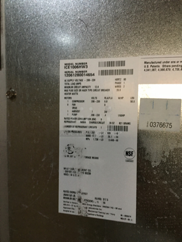Ice-O-Matic Commercial Ice Machine! On Ice Bin! All Stainless Steel! Model ICE1006HW3 Serial 12061280014654! 208/230V 1Phase! On Ice! 2 X Your Bid! Makes One Unit!
 - Image 6 of 8