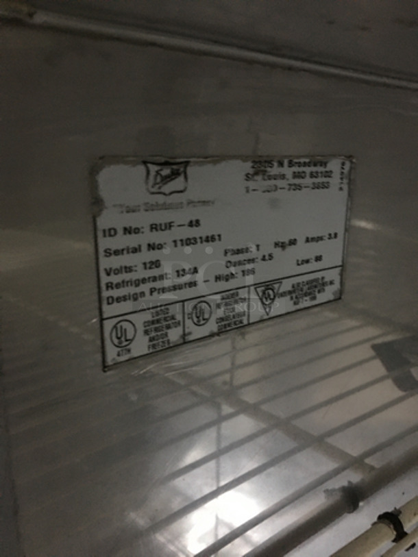 Duke Commercial Work/Prep Top Low Boy Cooler! With 2 Doors Underneath Storage Space! With Poly Coated Racks! With Backsplash! Model RUF48 Serial 11031461! 120V 1Phase! - Image 8 of 9