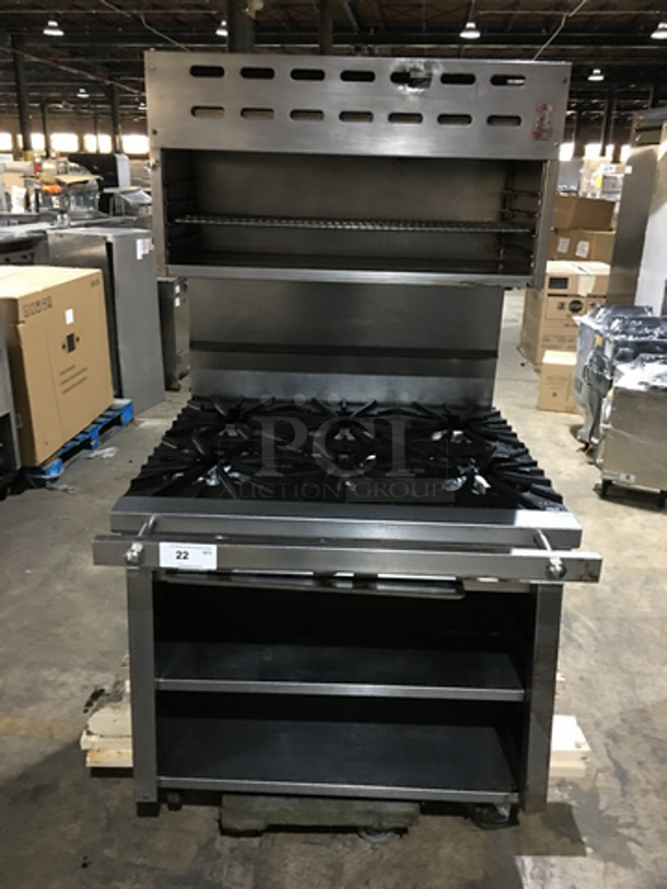 Montague Commercial Natural Gas Powered 6 Burner Stove! With Underneath Storage Space! With Overhead Salamander! All Stainless Steel! On Casters! 