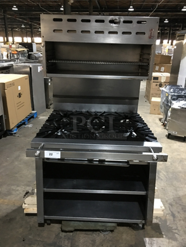 Montague Commercial Natural Gas Powered 6 Burner Stove! With Underneath Storage Space! With Overhead Salamander! All Stainless Steel! On Casters!  - Image 1 of 12