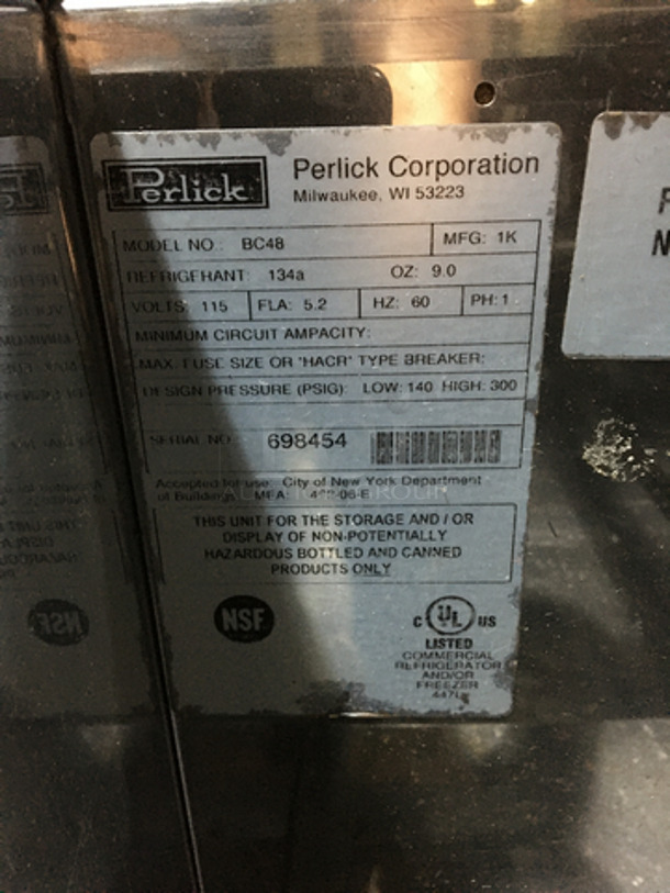 Perlick Commercial 2 Door Beer Cooler! With Sliding Top Doors! All Stainless Steel! Model BC48 Serial 698454! 115V 1Phase! - Image 6 of 7