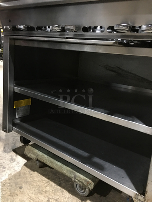 Montague Commercial Natural Gas Powered 6 Burner Stove! With Underneath Storage Space! With Overhead Salamander! All Stainless Steel! On Casters!  - Image 8 of 12