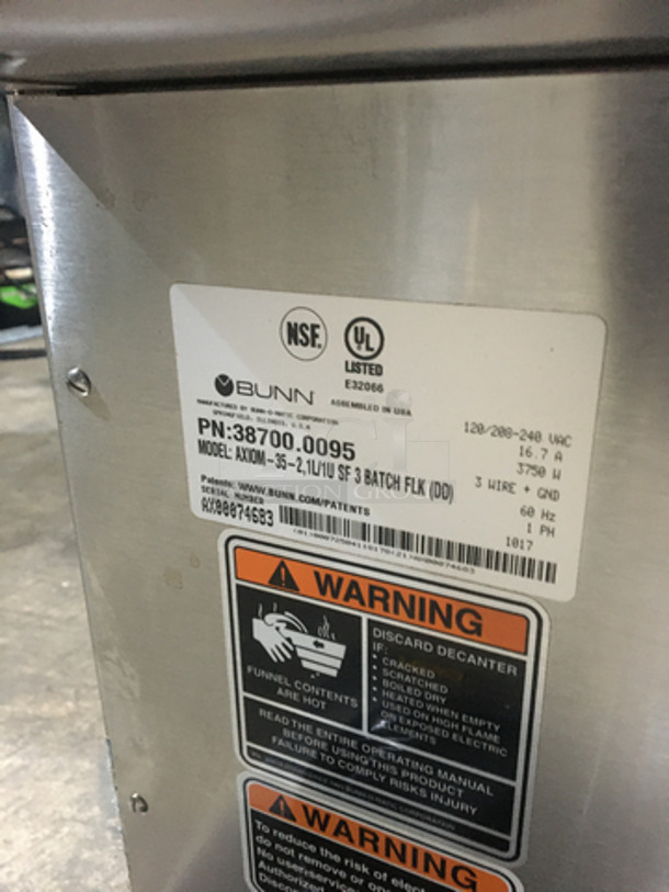 Bunn Commercial Countertop Coffee Brewing Machine! With 2 Coffee Pot Warming Stations! All Stainless Steel! Model AXIOM352 Serial AX00074683! 120/208/240V 1Phase! On Legs! - Image 7 of 8