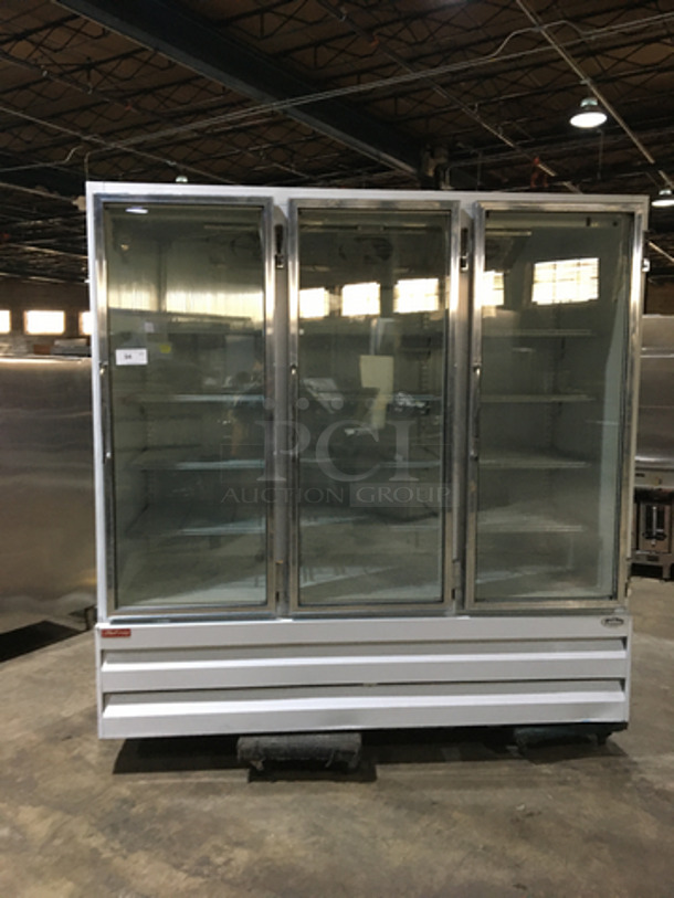 McCray Commercial 3 Door Reach In Cooler Merchandiser! With Poly Coated Racks! Model GF75LBM Serial 113051710! 115/208/230V 1Phase! Not Tested!