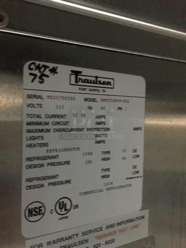 Traulsen Commercial 2 Sliding Door Reach In Cooler Merchandiser! All Stainless Steel! Model RHT232WUTFHL Serial T0257502DD! 115V 1Phase! Not Tested! - Image 7 of 9