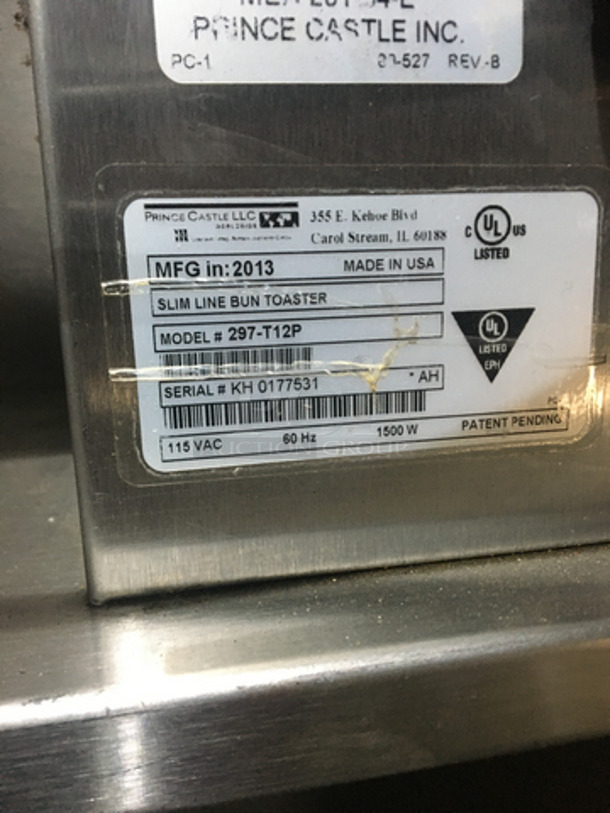2013 Prince Castle Commercial Countertop Slim Line Bun Toaster! All Stainless Steel! Model 297T12P Serial KH0177531! 115V 1Phase!
 - Image 7 of 8