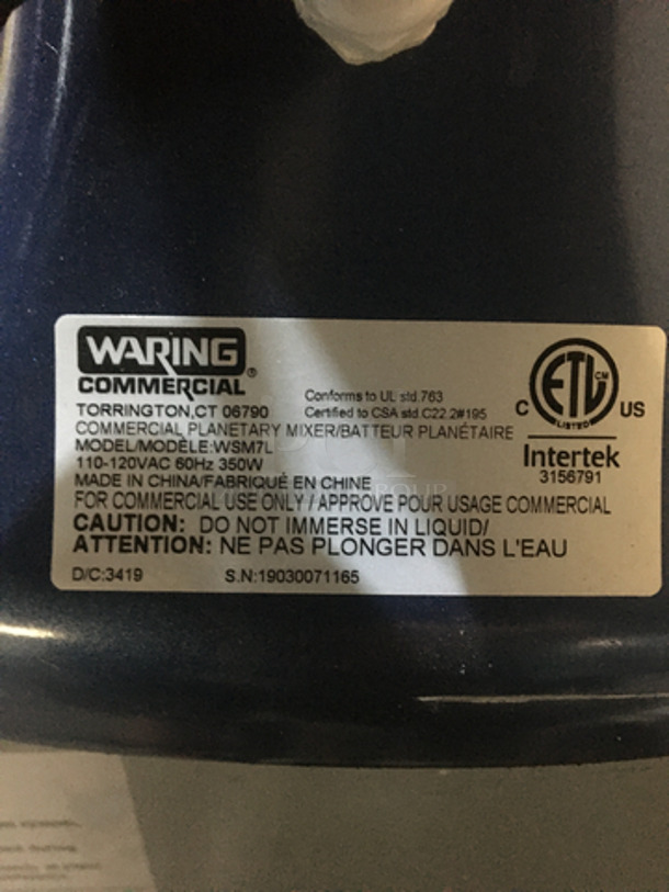 Waring Commercial Countertop 7 Quart Planetary Mixer! Luna Series! With Bowl, Hook, Whip, & Paddle Attachments! Model WSM7L Serial 19030071165! 110/120V!
 - Image 5 of 10