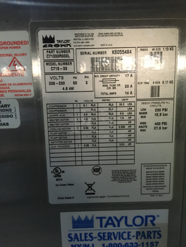 WOW! 2012 Taylor Crown Commercial 3 Handle Soft Serve Ice Cream Machine! All Stainless Steel! Model C71333 Serial K8055484! 208/230V 3Phase! On Casters! - Image 8 of 9