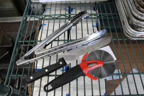 4 Various Metal Utensils; 2 Tongs, Knife and Pizza Pie Cutter. Includes 12". 4 Times Your Bid!