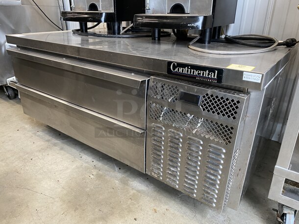Continental Stainless Steel Commercial 2 Drawer Chef Base on Commercial Casters. 60x34x26. Tested and Working!