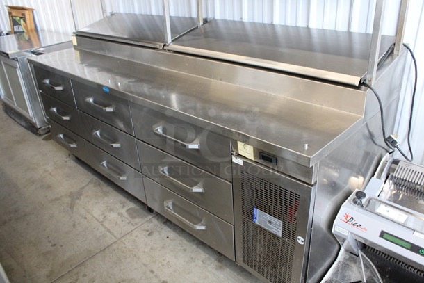 WOW! Randell Stainless Steel Commercial Pizza Prep Table w/ 2 Lids, 9 Drawers, 2 Check Order Holding Rods and Double Over Shelf on Commercial Casters. 125 Volts, 1 Phase. 95x34x77. Tested and Powers On But Does Not Get Cold - Image 2 of 10