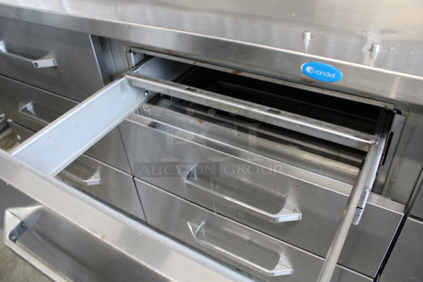 WOW! Randell Stainless Steel Commercial Pizza Prep Table w/ 2 Lids, 9 Drawers, 2 Check Order Holding Rods and Double Over Shelf on Commercial Casters. 125 Volts, 1 Phase. 95x34x77. Tested and Powers On But Does Not Get Cold - Image 8 of 10
