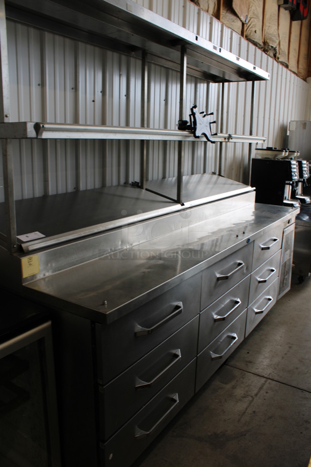 WOW! Randell Stainless Steel Commercial Pizza Prep Table w/ 2 Lids, 9 Drawers, 2 Check Order Holding Rods and Double Over Shelf on Commercial Casters. 125 Volts, 1 Phase. 95x34x77. Tested and Powers On But Does Not Get Cold - Image 10 of 10