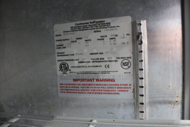 Continental Model SW48-SGD Stainless Steel Commercial 2 Door Undercounter Cooler w/ Sliding Doors on Commercial Casters. 115 Volts, 1 Phase. 48x30x34. Tested and Working! - Image 6 of 7