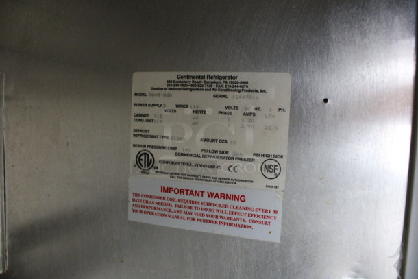 Continental Model SW48-SGD Stainless Steel Commercial 2 Door Undercounter Cooler w/ Sliding Doors on Commercial Casters. 115 Volts, 1 Phase. 48x30x34. Tested and Working! - Image 6 of 7