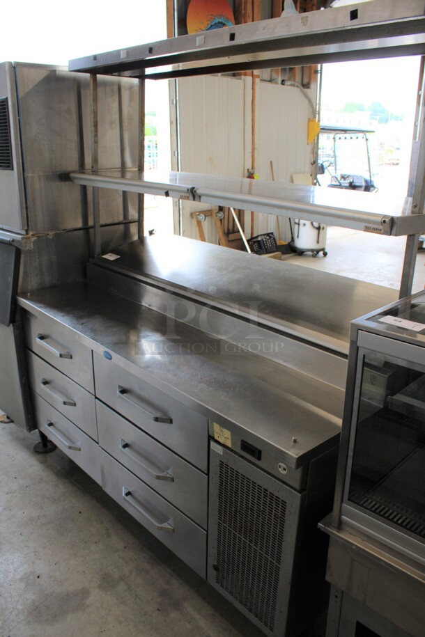 WOW! Randell Stainless Steel Commercial Pizza Prep Table w/ Lid, 6 Drawers, 2 Check Order Holding Rods and Double Over Shelf on Commercial Casters. 125 Volts, 1 Phase. 68x34x75. Tested and Working!