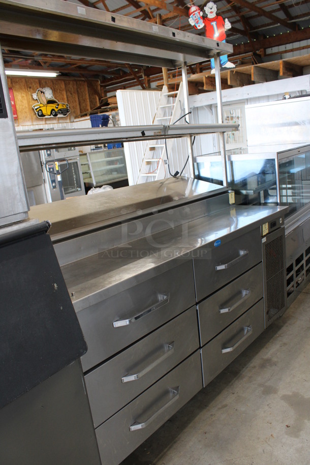WOW! Randell Stainless Steel Commercial Pizza Prep Table w/ Lid, 6 Drawers, 2 Check Order Holding Rods and Double Over Shelf on Commercial Casters. 125 Volts, 1 Phase. 68x34x75. Tested and Working! - Image 2 of 8