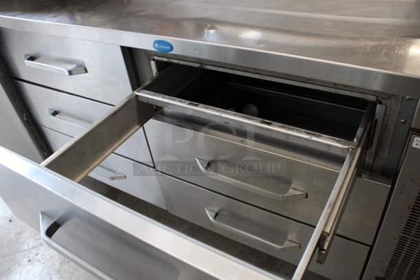 WOW! Randell Stainless Steel Commercial Pizza Prep Table w/ Lid, 6 Drawers, 2 Check Order Holding Rods and Double Over Shelf on Commercial Casters. 125 Volts, 1 Phase. 68x34x75. Tested and Working! - Image 6 of 8