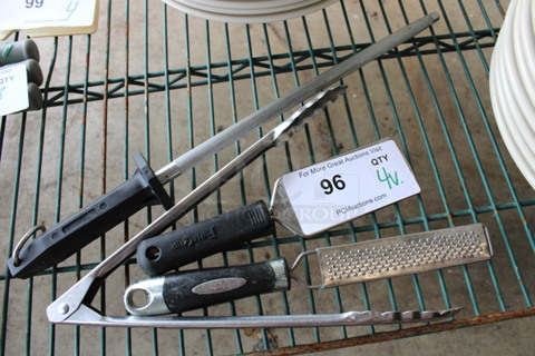 4 Various Metal Utensils; 2 Zesters, Tongs and Knife Sharpening Rod! Includes 17". 4 Times Your Bid!