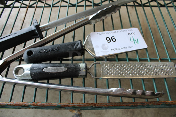 4 Various Metal Utensils; 2 Zesters, Tongs and Knife Sharpening Rod! Includes 17". 4 Times Your Bid! - Image 2 of 3