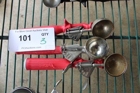 3 Various Metal Scoopers w/ Red Handles. 9". 3 Times Your Bid!