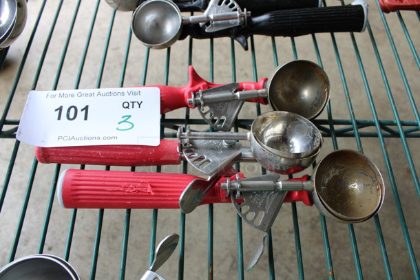 3 Various Metal Scoopers w/ Red Handles. 9". 3 Times Your Bid! - Image 3 of 3