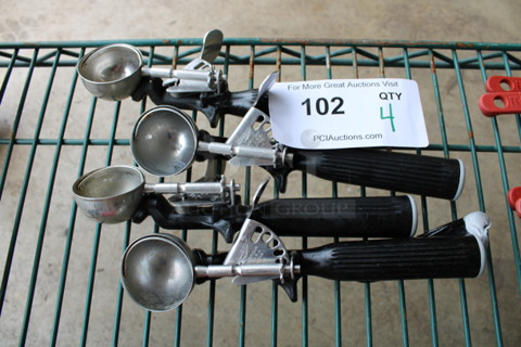4 Various Metal Scoopers w/ Black Handles. 8.5". 4 Times Your Bid!
