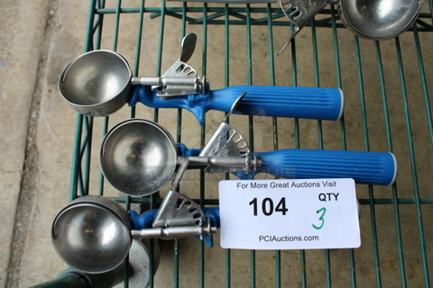 3 Metal Scoopers w/ Blue Handles. Includes 9.5". 3 Times Your Bid!