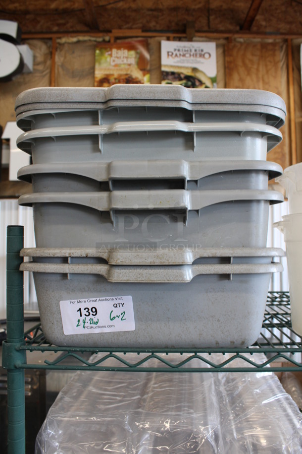 6 Various Gray Poly Bus Bins w/ 2 Lids. 16x21x5, 16x21x7. 6 Times Your Bid!