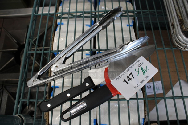 4 Various Metal Utensils; 2 Tongs, Knife and Pizza Pie Cutter. Includes 12". 4 Times Your Bid! - Image 2 of 4