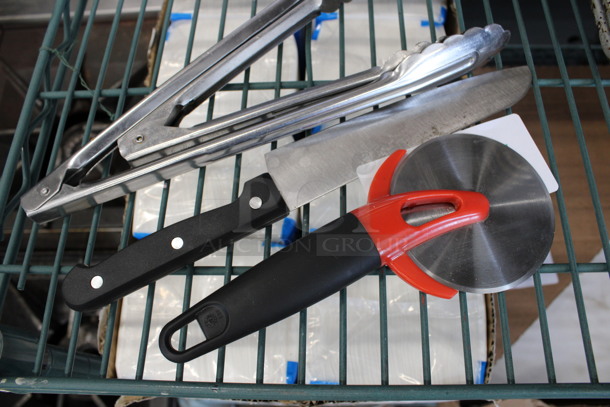 4 Various Metal Utensils; 2 Tongs, Knife and Pizza Pie Cutter. Includes 12". 4 Times Your Bid! - Image 4 of 4