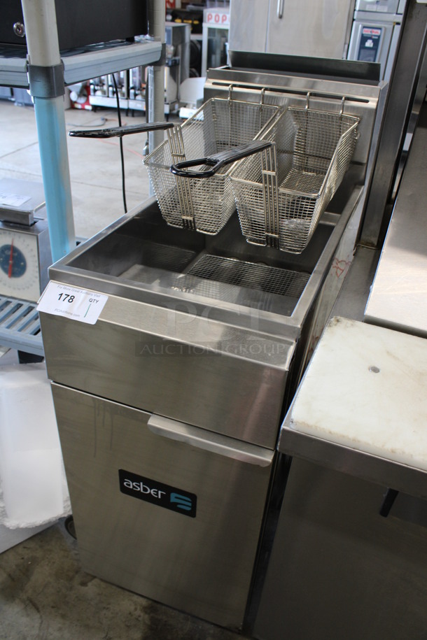 SWEET! 2021 Asber Model AEF Stainless Steel Commercial Floor Style Natural Gas Powered Deep Fat Fryer w/ 2 Metal Fry Baskets on Commercial Casters. 105,000 BTU. 15.5x31x48 - Image 2 of 6