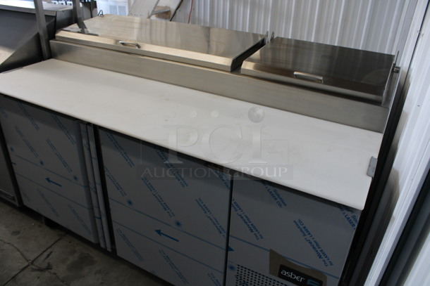 WOW! 2020 Asber Model APTP67 Stainless Steel Commercial Pizza Prep Table w/ Oversized Cutting Board on Commercial Casters. 115 Volts, 1 Phase. 68x35x45. Tested and Working! - Image 2 of 8