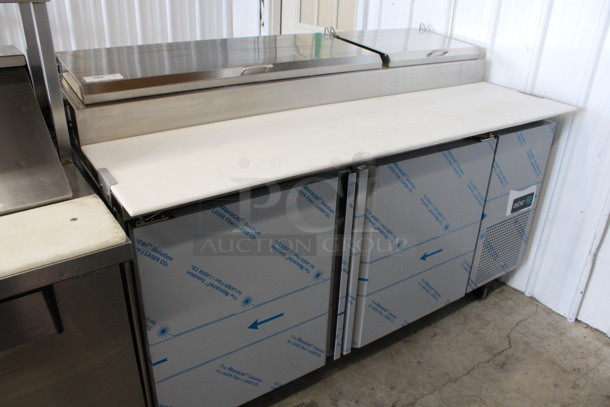 WOW! 2020 Asber Model APTP67 Stainless Steel Commercial Pizza Prep Table w/ Oversized Cutting Board on Commercial Casters. 115 Volts, 1 Phase. 68x35x45. Tested and Working! - Image 3 of 8