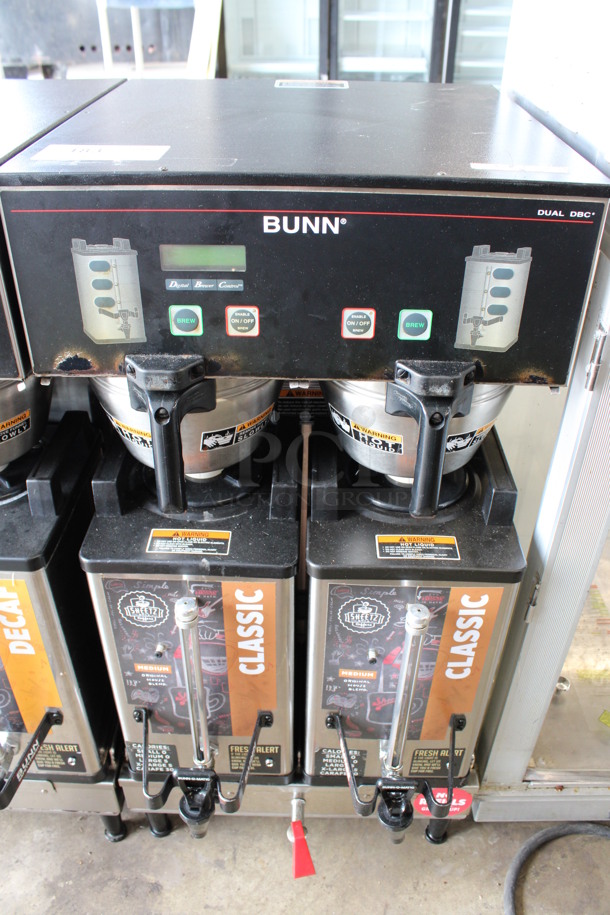 2012 Bunn Model DUAL SH DBC Stainless Steel Commercial Countertop Dual Coffee Machine w/ Hot Water Dispenser, 2 Bunn Model SH SERVER Satellite Servers and 2 Metal Brew Baskets. 120/208-240 Volts, 1 Phase. 18x24x36. Tested and Working!