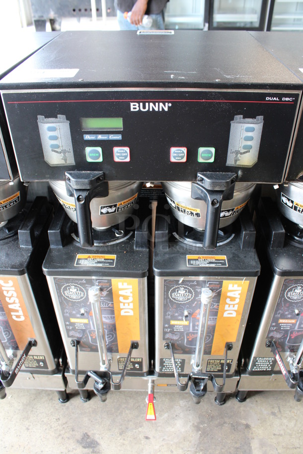 2015 Bunn Model DUAL SH DBC Stainless Steel Commercial Countertop Dual Coffee Machine w/ Hot Water Dispenser, 2 Bunn Model SH SERVER Satellite Servers and 2 Metal Brew Baskets. 120/208-240 Volts, 1 Phase. 18x24x36. Tested and Working!