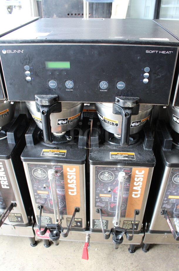 2012 Bunn Model DUAL SH DBC Stainless Steel Commercial Countertop Dual Coffee Machine w/ Hot Water Dispenser, 2 Bunn Model SH SERVER Satellite Servers and 2 Metal Brew Baskets. 120/208-240 Volts, 1 Phase. 18x24x36. Tested and Working! - Image 1 of 5