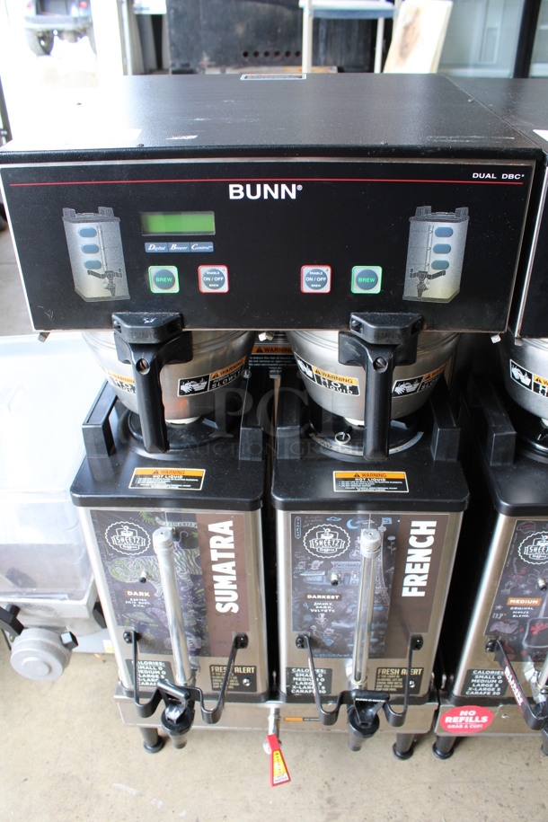 2015 Bunn Model DUAL SH DBC Stainless Steel Commercial Countertop Dual Coffee Machine w/ Hot Water Dispenser, 2 Bunn Model SH SERVER Satellite Servers and 2 Metal Brew Baskets. 120/208-240 Volts, 1 Phase. 18x24x36. Tested and Working!