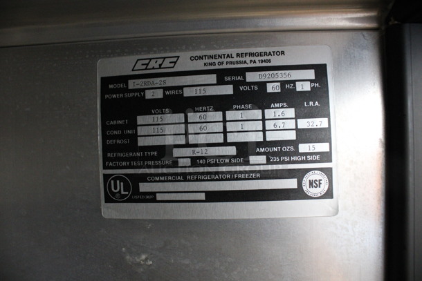 Continental Model I-2RDA-2S Stainless Steel Commercial 2 Door Reach In Cooler. 115 Volts, 1 Phase. 58x34x83. Tested and Working! - Image 5 of 5
