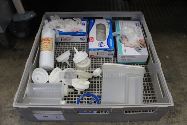 ALL ONE MONEY! Lot of Various Items Including Boxes of Gloves and Poly Container In Dish Caddy! 20x20x5 - Image 1 of 3
