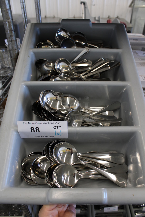 ALL ONE MONEY! Lot of Metal Soup Spoons in Gray 4 Compartment Silverware Caddy. 13x21x5