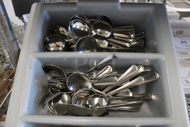 ALL ONE MONEY! Lot of Metal Soup Spoons in Gray 4 Compartment Silverware Caddy. 13x21x5 - Image 2 of 4